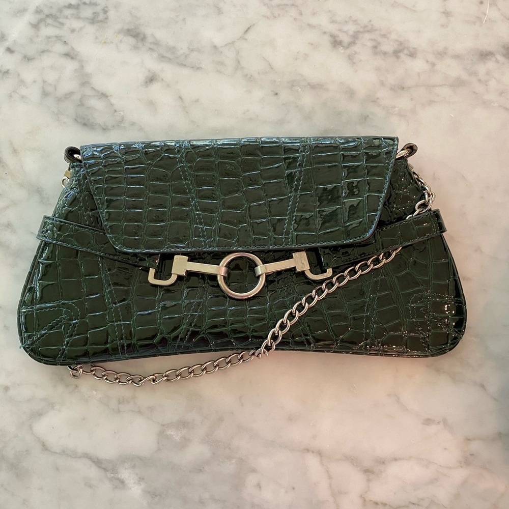 Green clutch purse faux alligator silver hardware